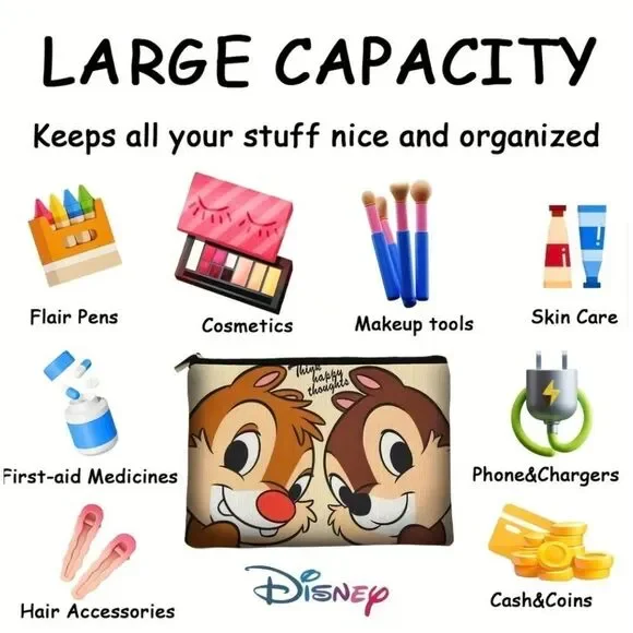 Disney Chip N Dale Canvas Zippered Makeup Cosmetic Pouch - Picture 4 of 6